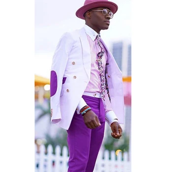 Фиолетовая нашивка на локте, Розовый блейзер, брюки, мужские костюмы, дизайн сращивания, свадебная одежда, одежда для вечеринок, мужской комплект из 2 предметов, куртка, брюки, наряд