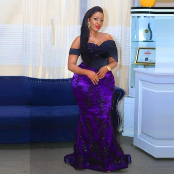 Фиолетовые Плюс Платья Для Выпускного Вечера С Аппликацией Из Блесток, Африканские Вечерние Платья С Открытыми Плечами, Вечернее Платье Русалки Aso Ebi Styles