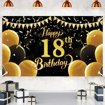 Фон для взрослых С Днем Рождения Баннер, плакат с воздушным шаром из черного золота, фон для фотосъемки, фон для фото на День рождения, декор для вечеринки на стене