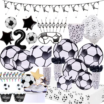 Футбольная тематика, украшение для вечеринки по случаю Дня рождения для мальчиков, Чашка, тарелка, Салфетка, Баннер, Шляпа, Воздушные шары, Скатерть, Набор принадлежностей для вечеринки