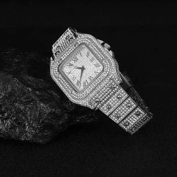 Хип-хоп Мужские часы Iced Out с Квадратным бриллиантом, кварцевые Роскошные Мужские наручные часы, Золотой Римский календарь, Стальные часы Relogio Masculino