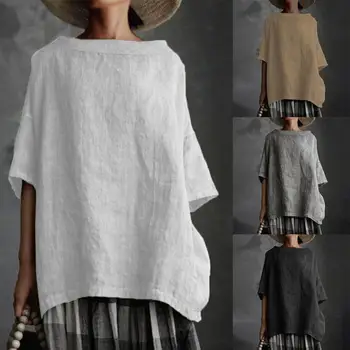 Хлопковая льняная женская блузка с круглым вырезом, пуловер свободного кроя, повседневные однотонные футболки с коротким рукавом, Блузки, Женская одежда