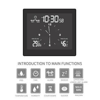 Цифровые часы с дисплеем температуры и влажности, водонепроницаемые настенные часы, комнатный термометр с ЖК-экраном, сигнализация верхнего/нижнего предела