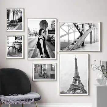 Черно-белый мост, Парижская башня, Женщина, велосипед, холст, живопись, Винтажные пейзажные плакаты и принты, настенные художественные картины