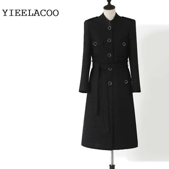 Черное шерстяное пальто, длинное осенне-зимнее женское пальто, бизнес-леди, цельная шерстяная классическая женская куртка, пальто новое