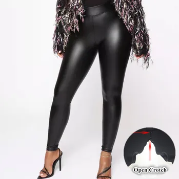 Черные брюки из искусственной кожи, женские Кожаные леггинсы с высокой талией, Женские Эластичные панталоны с застежкой-молнией в промежности, большие размеры