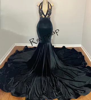 Черные длинные платья выпускного вечера в стиле русалки 2023 для африканских девушек, сексуальный прозрачный топ из бисера, женские вечерние платья из эластичного атласа с открытой спиной