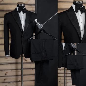 Черные мужские костюмы, сшитые на заказ, 2 предмета, блейзер, брюки с отворотом на одной пуговице, блестки, Модные деловые свадебные костюмы большого размера, сшитые на заказ