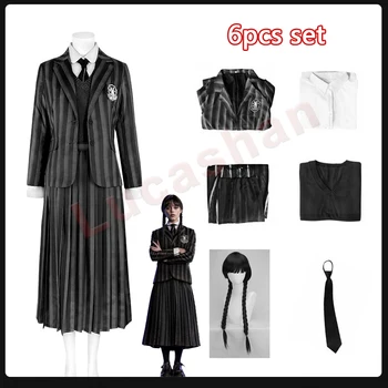 Школьная форма для девочек, косплей костюм Wednesday Addams Merlina, парик, униформа Академии Nevermore для женщин, одежда для взрослых и детей на Хэллоуин