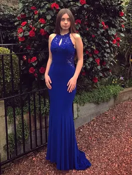 Элегантное вечернее платье королевского синего цвета без рукавов с круглым вырезом, длинные платья русалки для выпускного вечера